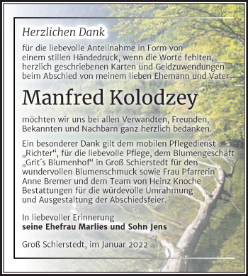 Traueranzeige von Manfred Kolodzey von Trauerkombi Aschersleben