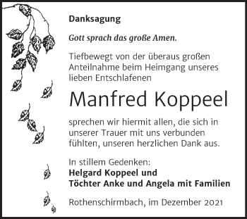 Traueranzeige von Manfred Koppeel von Trauerkombi Mansfelder Land