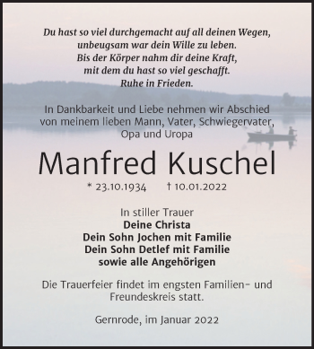 Traueranzeige von Manfred Kuschel von Trauerkombi Quedlinburg