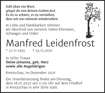 Traueranzeige von Manfred Leidenfrost von Trauerkombi Zeitz