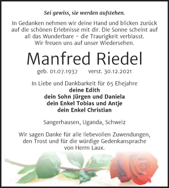 Traueranzeige von Manfred Riedel von Mitteldeutsche Zeitung Sangerhausen
