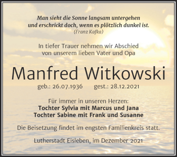 Traueranzeige von Manfred Witkowski von Trauerkombi Mansfelder Land
