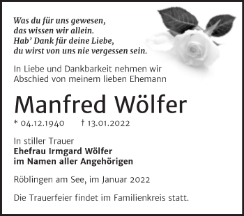 Traueranzeige von Manfred Wölfer von Trauerkombi Mansfelder Land
