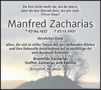 Traueranzeige von Manfred Zacharias von Trauerkombi Mansfelder Land