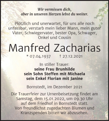 Traueranzeige von Manfred Zacharias von Trauerkombi Mansfelder Land