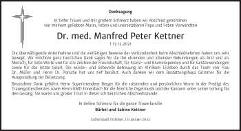 Traueranzeige von Manfred Peter Kettner von Mitteldeutsche Zeitung Mansfelder Land