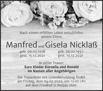 Traueranzeige von Manfred und Gisela Nicklaß von Trauerkombi Bitterfeld