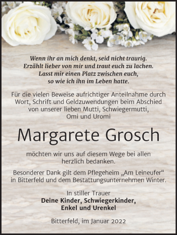 Traueranzeige von Margarete Grosch von Trauerkombi Bitterfeld