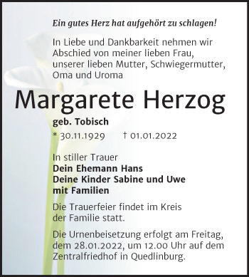 Traueranzeige von Margarete Herzog von Trauerkombi Quedlinburg