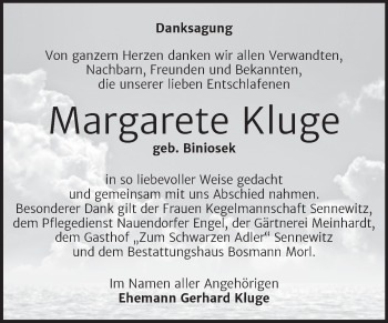 Traueranzeige von Margarete Kluge von Mitteldeutsche Zeitung Halle/Saalkreis