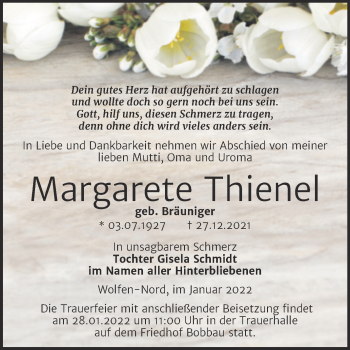 Traueranzeige von Margarete Thienel von Trauerkombi Bitterfeld