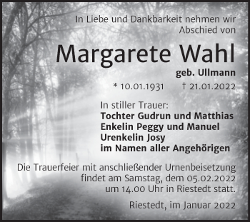 Traueranzeige von Margarete Wahl von Trauerkombi Sangerhausen