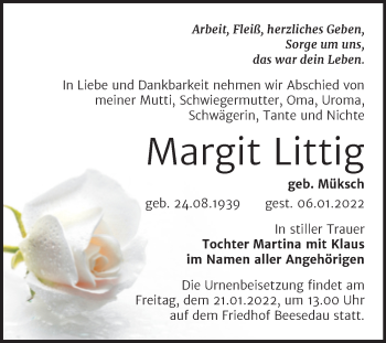 Traueranzeige von Margit Littig von Trauerkombi Bernburg