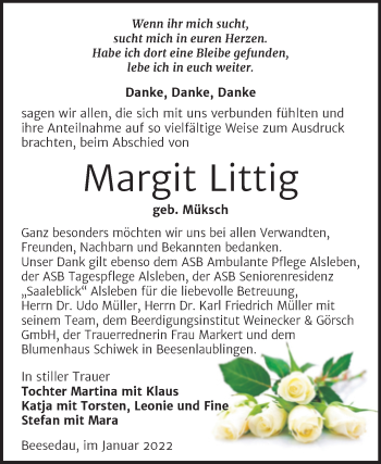 Traueranzeige von Margit Littig von Trauerkombi Bernburg