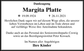 Traueranzeige von Margita Platte von Trauerkombi Dessau