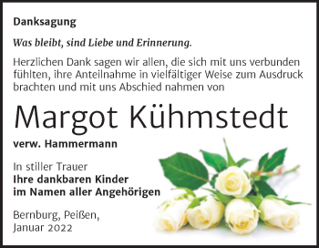Traueranzeige von Margot Kühmstedt von Trauerkombi Bernburg