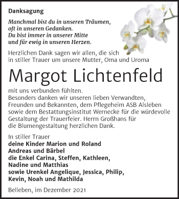 Traueranzeige von Margot Lichtenfeld von Trauerkombi Bernburg