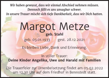 Traueranzeige von Margot Metze von Mitteldeutsche Zeitung Halle/Saalkreis