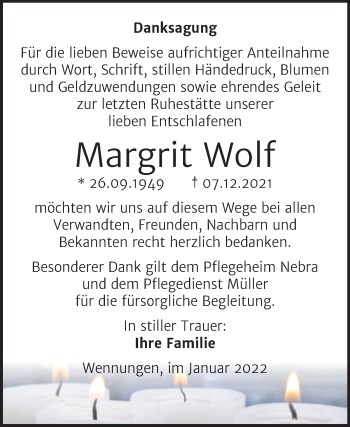 Traueranzeige von Margrit Wolf von Wochenspiegel Naumburg/Nebra