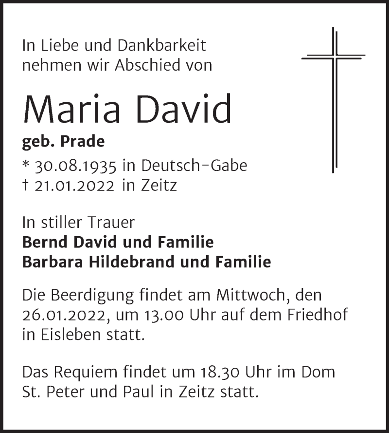  Traueranzeige für Maria David vom 22.01.2022 aus Mitteldeutsche Zeitung Mansfelder Land