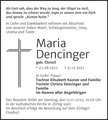 Traueranzeige von Maria Dencinger von Trauerkombi Bitterfeld
