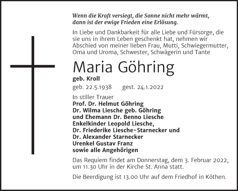  Traueranzeige für Maria Göhring vom 28.01.2022 aus Trauerkombi Köthen