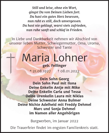 Traueranzeige von Maria Lohner von Trauerkombi Weißenfels