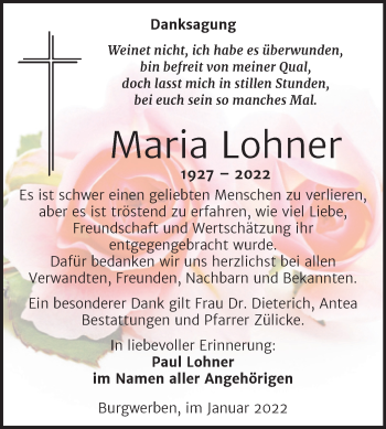 Traueranzeige von Maria Lohner von Trauerkombi Weißenfels