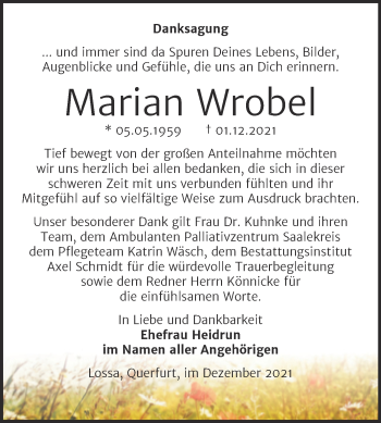 Traueranzeige von Marian Wrobel von Wochenspiegel Naumburg/Nebra