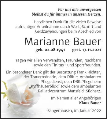 Traueranzeige von Marianne Bauer von Trauerkombi Sangerhausen