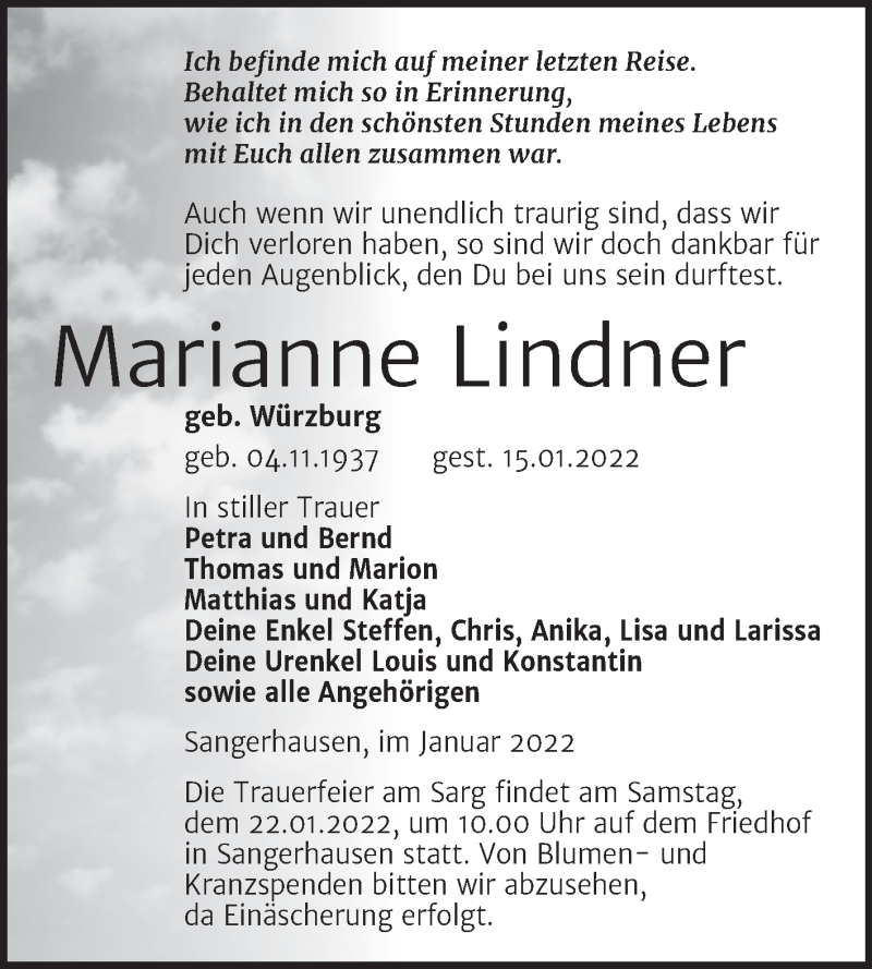  Traueranzeige für Marianne Lindner vom 19.01.2022 aus Mitteldeutsche Zeitung Sangerhausen