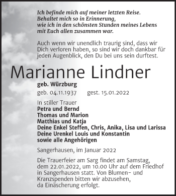 Traueranzeige von Marianne Lindner von Mitteldeutsche Zeitung Sangerhausen