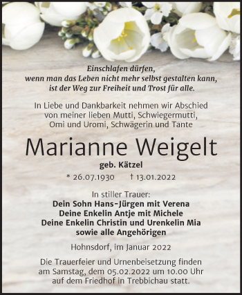Traueranzeige von Marianne Weigelt von Trauerkombi Köthen