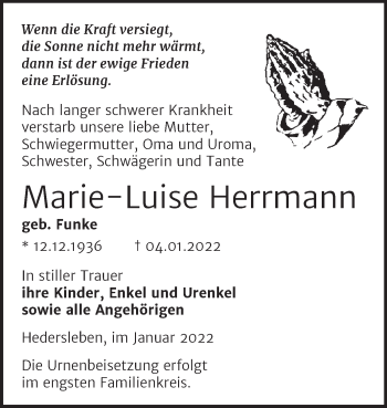 Traueranzeige von Marie-Luise Herrmann von Trauerkombi Quedlinburg