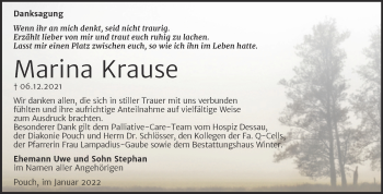 Traueranzeige von Marina Krause von Trauerkombi Bitterfeld