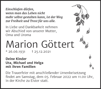Traueranzeige von Marion Göttert von Trauerkombi Wittenberg