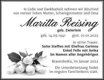 Traueranzeige von Maritta Reising von Trauerkombi Merseburg