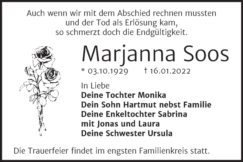  Traueranzeige für Marjanna Soos vom 22.01.2022 aus Trauerkombi Dessau