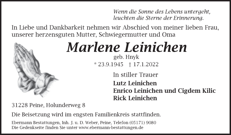  Traueranzeige für Marlene Leinichen vom 22.01.2022 aus Mitteldeutsche Zeitung Aschersleben