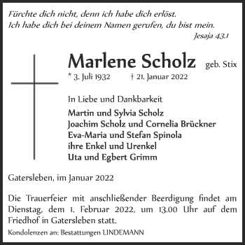 Traueranzeige von Marlene Scholz von Trauerkombi Aschersleben