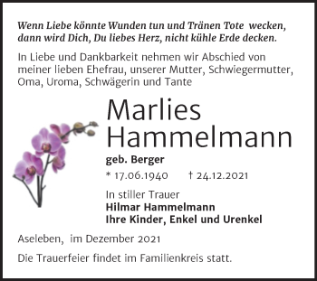 Traueranzeige von Marlies Hammelmann von Trauerkombi Mansfelder Land