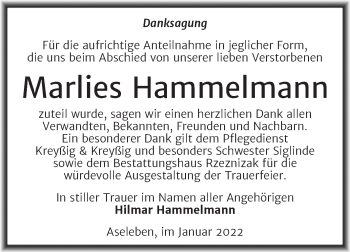 Traueranzeige von Marlies Hammelmann von Trauerkombi Mansfelder Land