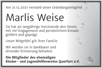 Traueranzeige von Marlis Weise von Trauerkombi Merseburg