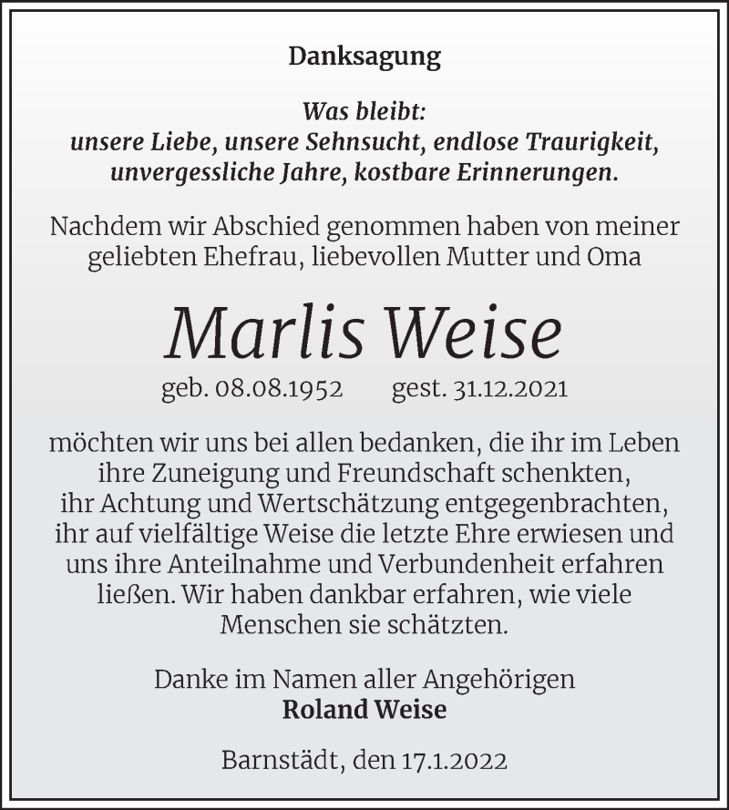  Traueranzeige für Marlis Weise vom 22.01.2022 aus Trauerkombi Merseburg