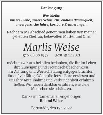 Traueranzeige von Marlis Weise von Trauerkombi Merseburg