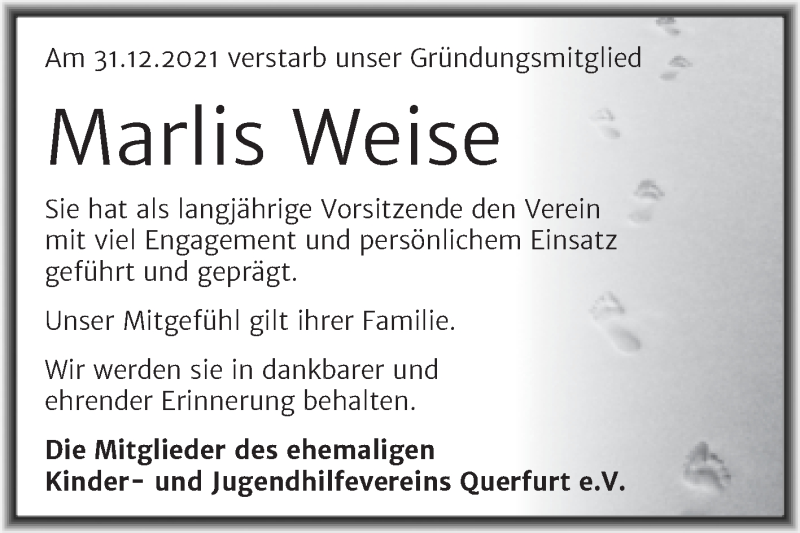  Traueranzeige für Marlis Weise vom 15.01.2022 aus Trauerkombi Merseburg