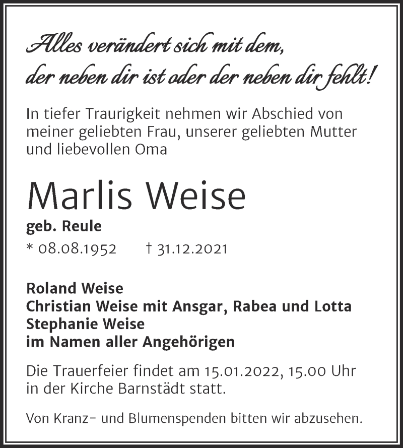  Traueranzeige für Marlis Weise vom 08.01.2022 aus Trauerkombi Merseburg
