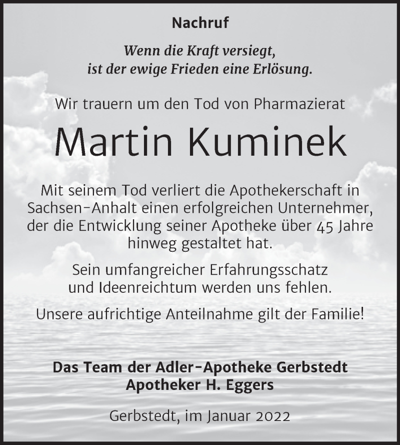  Traueranzeige für Martin Kuminek vom 29.01.2022 aus Mitteldeutsche Zeitung Mansfelder Land