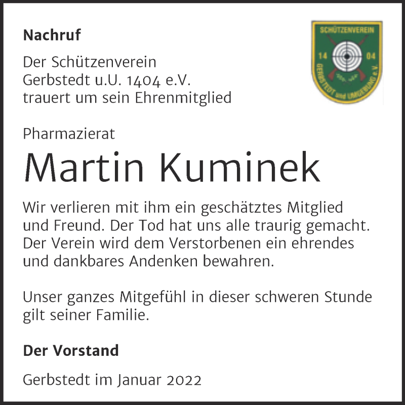  Traueranzeige für Martin Kuminek vom 26.01.2022 aus Mitteldeutsche Zeitung Mansfelder Land
