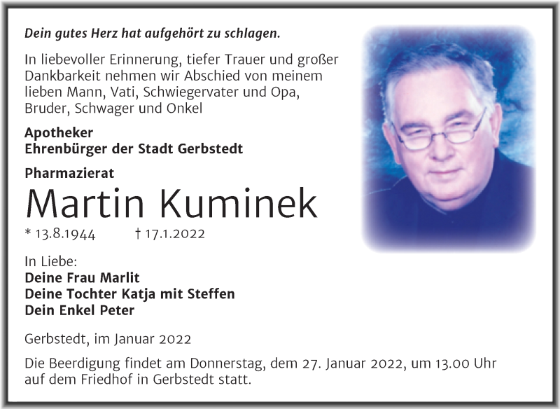  Traueranzeige für Martin Kuminek vom 22.01.2022 aus Trauerkombi Mansfelder Land